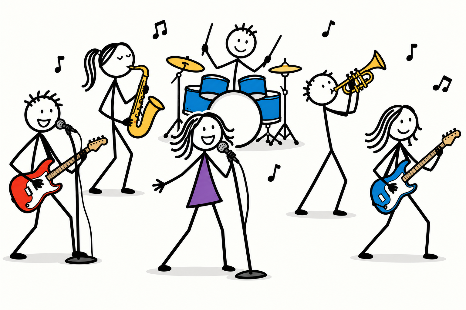 Illustration of a five-piece band performing: guitars, drums, saxophone, trumpet and a singer, with musical notes around them.